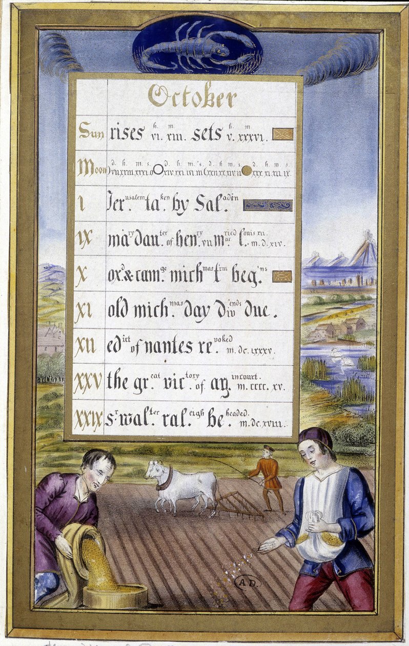 Október: szántás és vetés, a skorpió jele – Jean Bourdichon „” Bretagne-i Anna óráinak könyvében” alkotó: Jean (after) Bourdichon