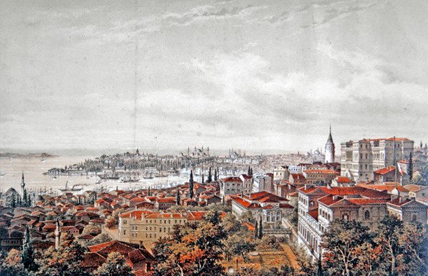 Konstantinápoly általános látképe, 1850 körül (színes litográfia) alkotó: Jean (after) Brindesi