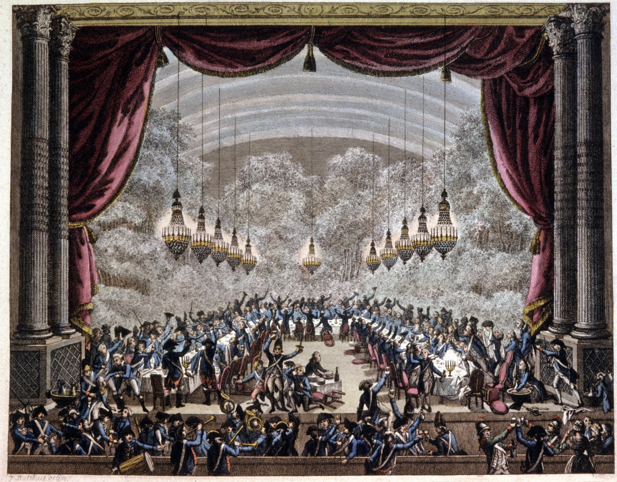Francia forradalom: őrök lakomája Párizsban, 1750-1800 körül (metszet) alkotó: Jean (after) Duplessis Bertaux