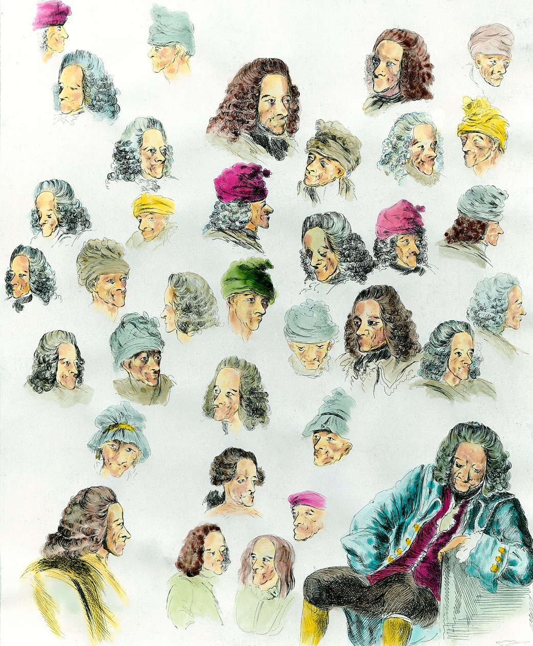 Az író, Francois Marie Arouet de Voltaire (1694-1778) különböző arckifejezései és frizurái Jean Huber (1721-1786) festményei után készült XVIII. alkotó: Jean (after) Huber