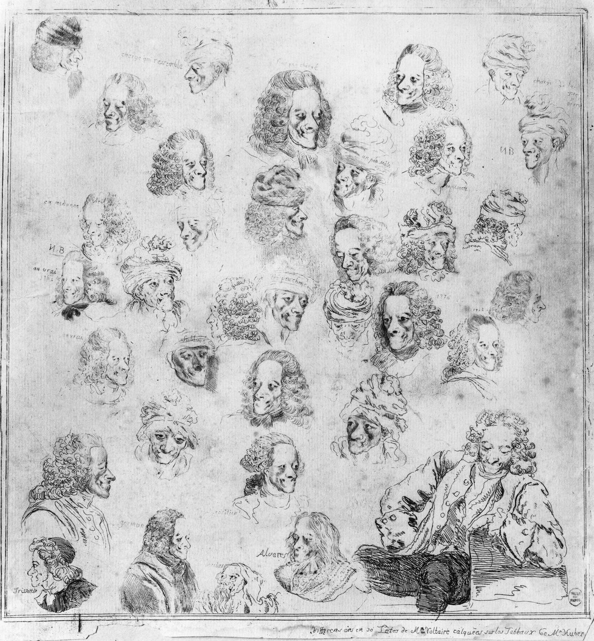 Különböző dallamok 30 Voltaire fejben. Francois Marie Arouet portréi, dit Voltaire (1694-1778) „Voltaire különböző fiziognómiái””. Jean Huber (1721-1786) után Dominique Vivant-Denonnak (Vivant Denon) (1747-1825) tulajdonított erős víz. Musee C alkotó: Jean (after) Huber