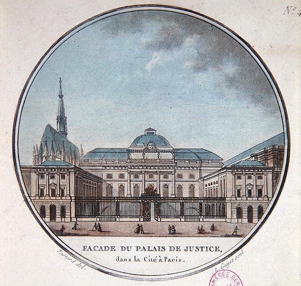 A Palais de Justice homlokzata, 1785 körül (színes litó) alkotó: Jean (after) Testard