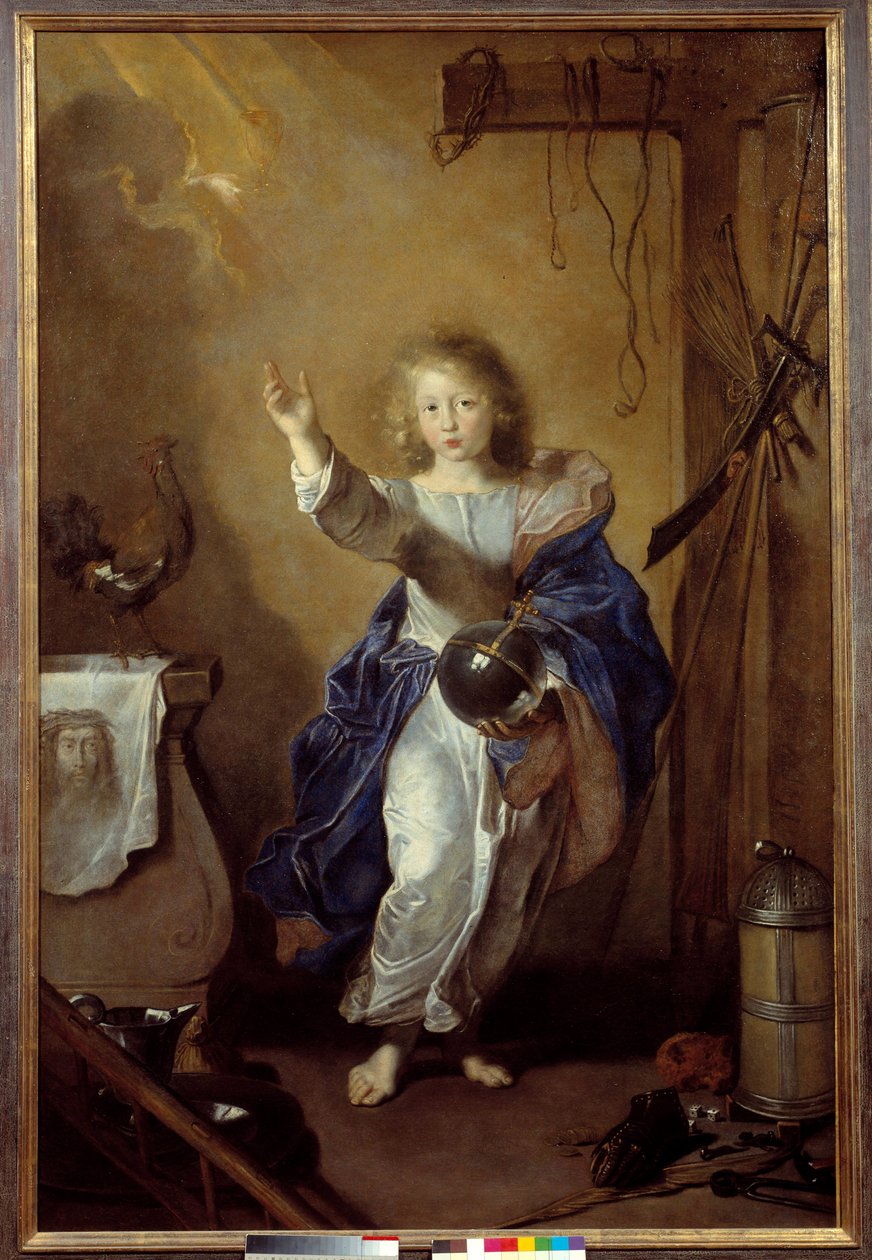 A Világ Megváltója A gyermek Jézust ábrázolja, aki kezében tartja a földgömböt, körülveszi a szenvedés és a szent lepel szimbólumait. Jean Daret (1613/1615-1668) festménye V. 1,64x1,1 m Caen, musee des Beaux Arts alkotó: Jean (attr. to) Daret