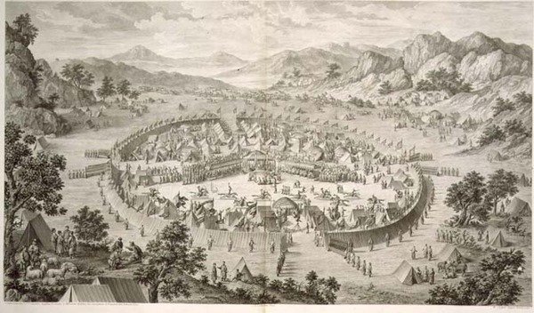 Tchao-Hoei 1758-ban gyakorlatokkal és katonai játékokkal foglalja el csapatait, 5. tábla Qianlong, a kínai császár hódításait ábrázoló nyomatsorozatról, Pierre Philippe Choffard (1730-1809) metszetével, 1772 (metszet) alkotó: Jean (d.1781) (after) Damascene