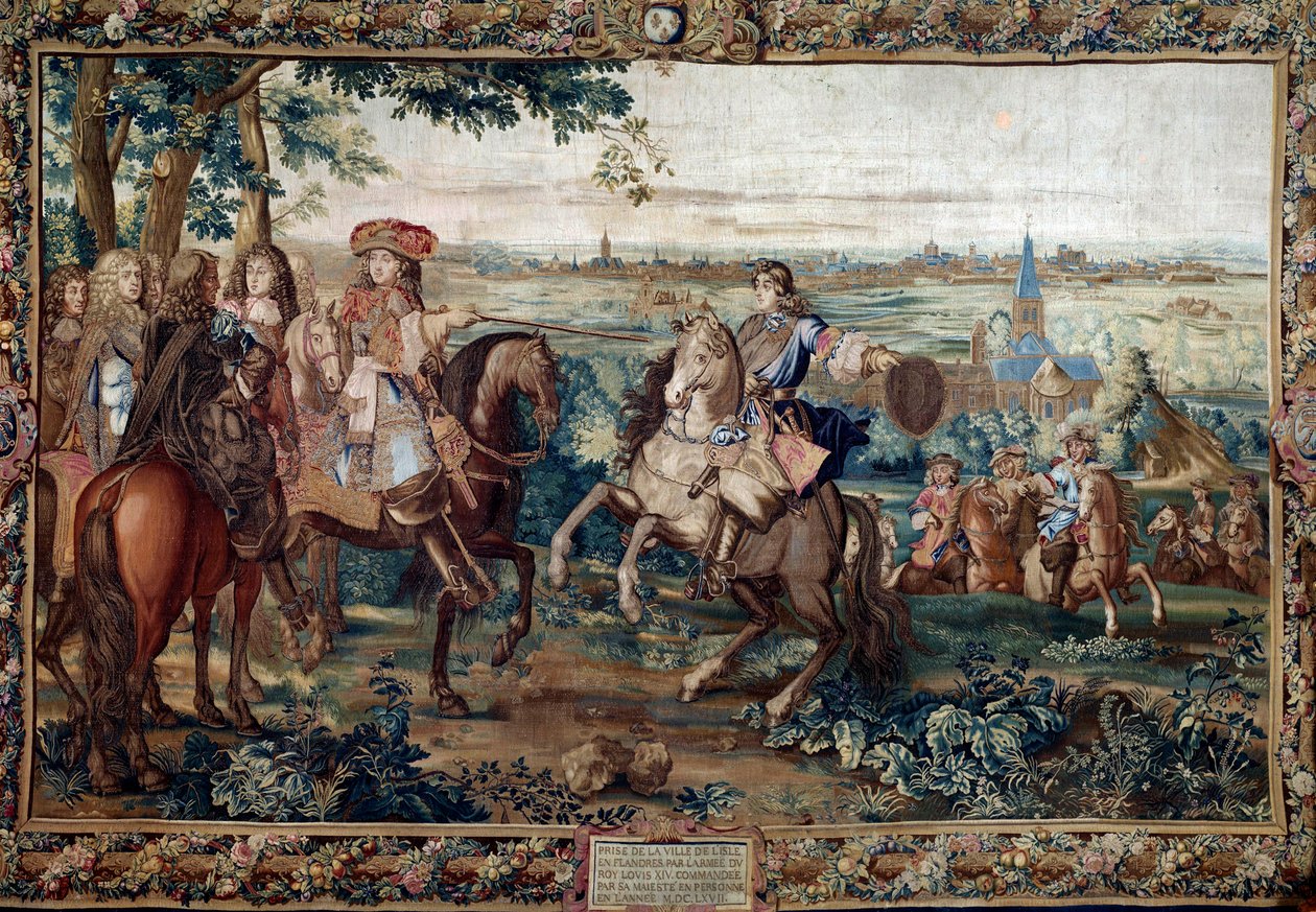Folytatás a Histoire du Roi-ból: „” Lille elfoglalása XIV. Lajos által, 1667. augusztus Szent András kartonja nyomán. Jean Mozin műhelyében készült festmény (XVII. század) a Gobelins gyárban. Homályos. 3,7x5,5 m. Versailles, kastélymúzeum alkotó: Jean (workshop) Mozin