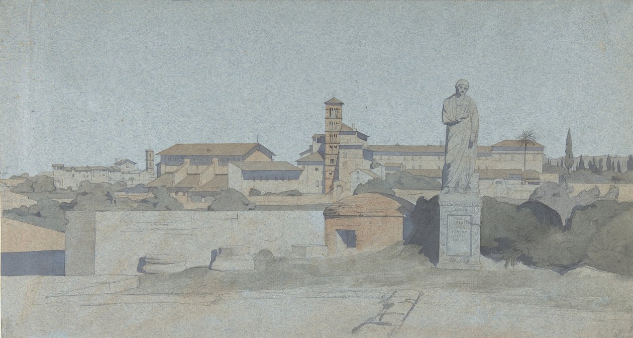 SS. Giovanni e Paolo, a Villa Matteiből nézve, Róma, . alkotó: Jean Achille Benouville
