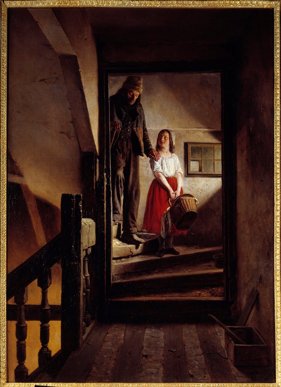 Az öregségi bot Egy kislány egy öregembert segít le a lépcsőn. Jean Alphonse Roehn (1799-1864) festménye, 1852 Rouen, Musee des Beaux Arts alkotó: Jean Alphonse Roehn