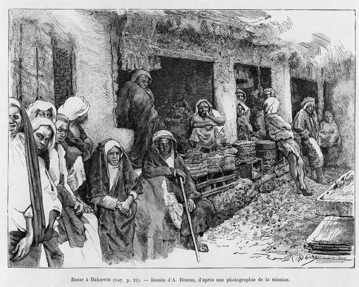 Bazár Bahreinben, Csádban. A.Rixens metszete az A Suse, journal des excavilles című történet illusztrálására alkotó: Jean Andre Rixens