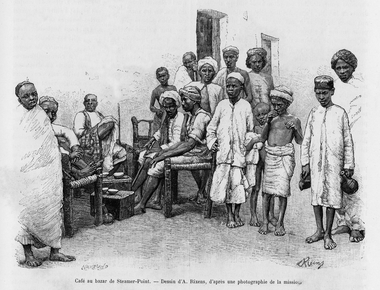 Kávézó a Steamer Point Bazaarban, Aden, Jemen. A.Rixens metszete az A Suse, journal des excavilles című történet illusztrálására alkotó: Jean Andre Rixens
