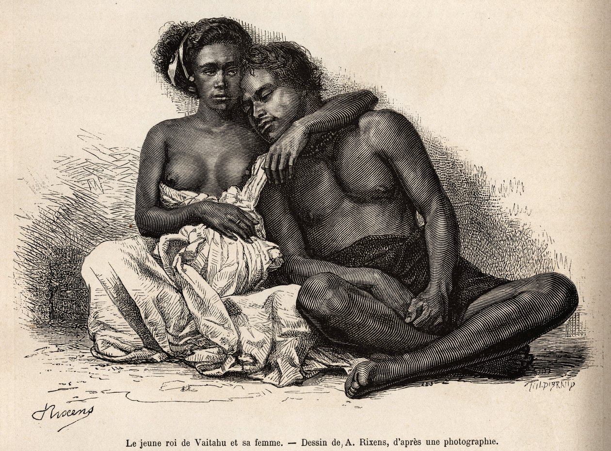A Marquises-szigetek szigetvilágában, Tauata szigetén fekvő Vaitatu fiatal királya felesége karjai közé veszi magát, amelyet A. Rixens Csendes-óceáni emlékeit illusztráló rajza nyomán vésett 1872-1874-ben. A. Pailhes, egy hajó alkotó: Jean Andre Rixens