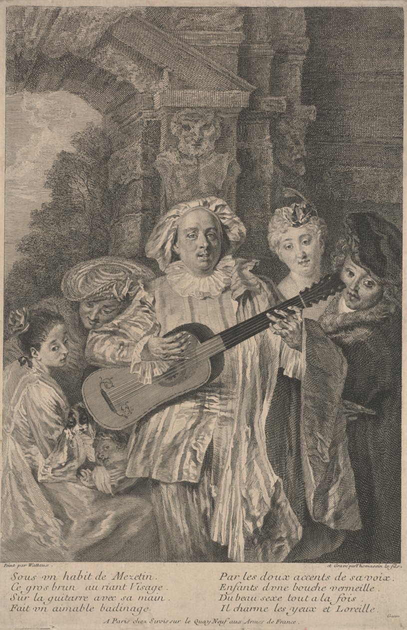Mezetin jelmezében, Henri Simon Thomassin 1717-1726 közötti nyomat (rézkarc) alkotó: Jean Antoine (after) Watteau