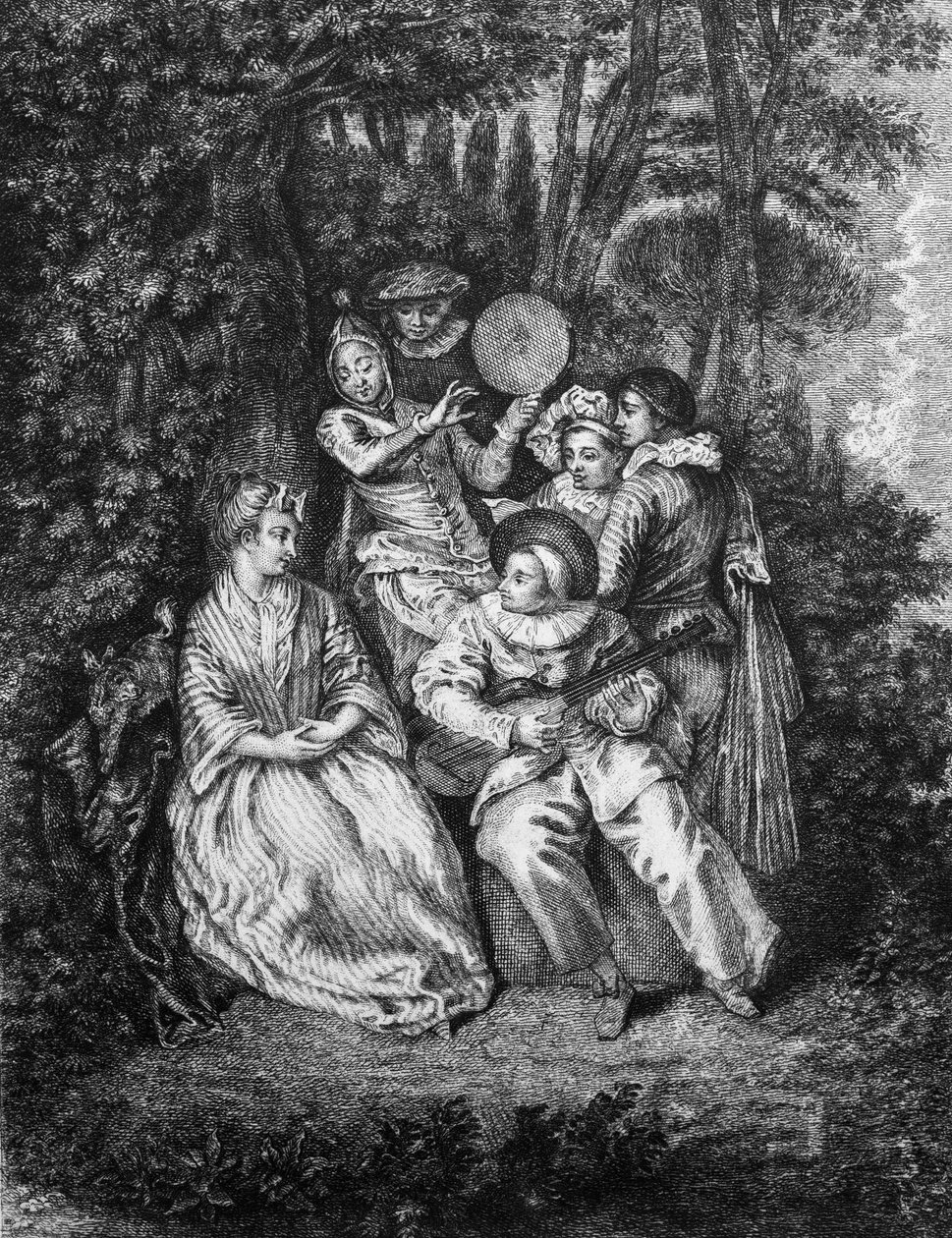 Az olasz szerenád, amelyet Gerard Jean Baptiste Scotin (1671-1716) metszett Watteau- alkotó: Jean Antoine (after) Watteau