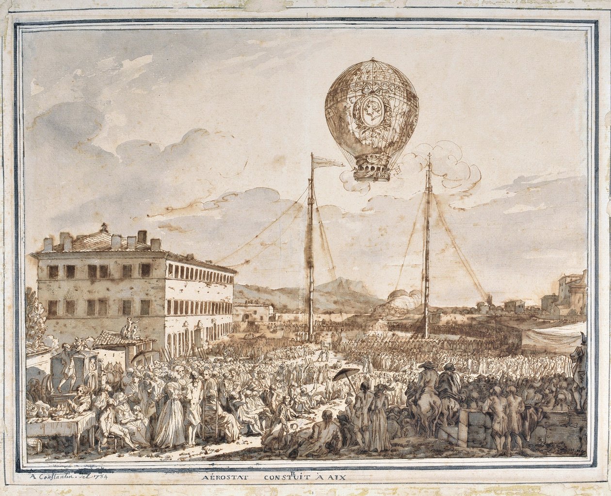aAixben épített aerosztát. Aix en provence-ban épített léggömb. Jean Antoine Constantin rajza Constantine d