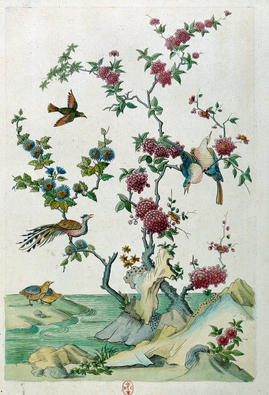 Rajz egy kínai vázából: madarak és virágok. Jean Antoine Fraisse festménye (XVIII. század) alkotó: Jean Antoine Fraisse