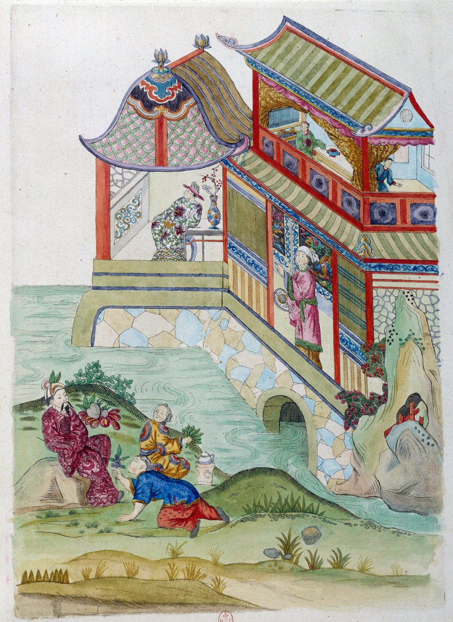 Ház a folyón. A rajz egy kínai vázából származik. Jean Antoine Fraisse festménye (XVIII. század) alkotó: Jean Antoine Fraisse