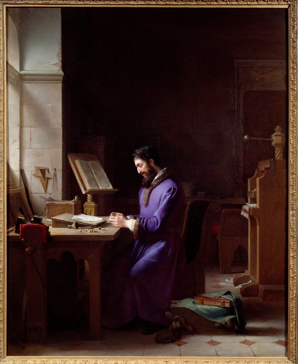 Johannes Gensfleisch Gutenberg (1400-1468) a nyomda feltalálója A német nyomdász a karakterek kezelésének képviselője az irodájában. Jean Antoine Laurent (1763-1832) festménye 1830 Grenoble, Musee des Beaux Arts alkotó: Jean Antoine Laurent