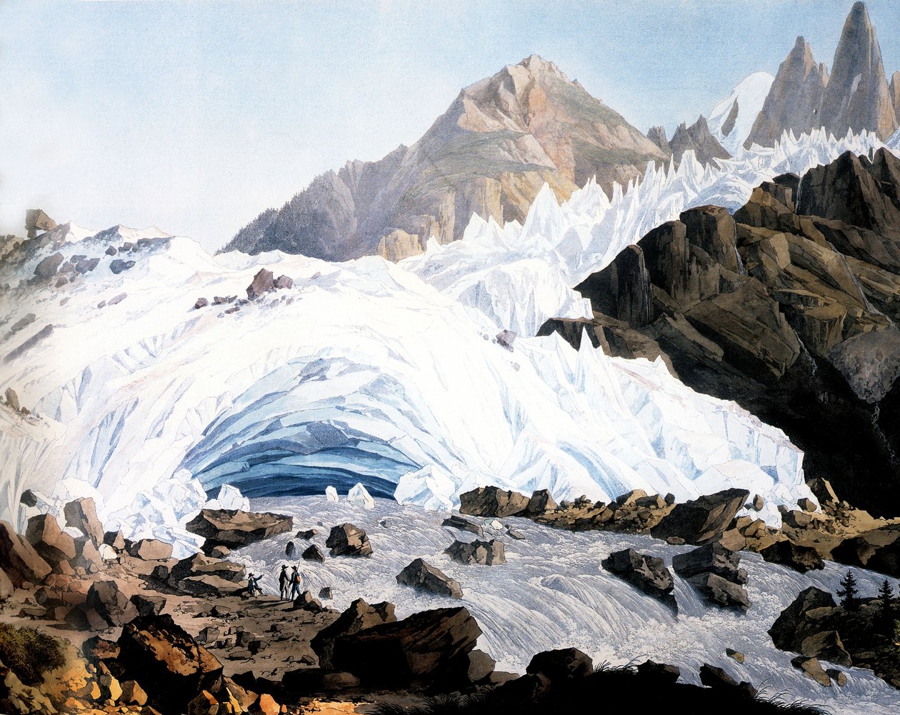 Chamonix: az Arveyron forrása, kb. 1800 (metszet) alkotó: Jean Antoine Linck