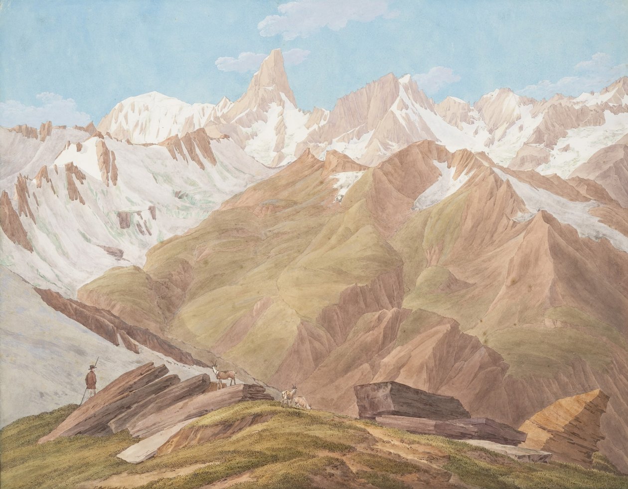 Kilátás a Mont Blanc-hegységre a Petit Jorasse közelében, Grand Jorasse, le..., XVIII-XIX. század vége alkotó: Jean Antoine Linck