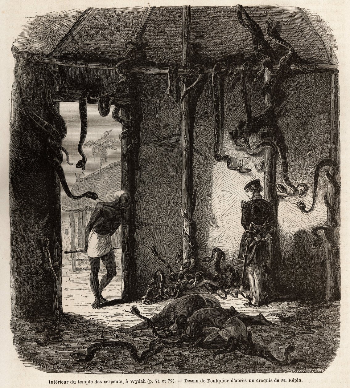A fetiches kígyók templomában, Wydah-ban, Dahomeyben (a mai Beninben), Jean Antoine Foulquier (1822-1896) rajza Dr. Repin 1860-as Dahomey-i utazásának illusztrálására. Metszet a „” Le tour du monde”-ban ”, szerkesztette Edouard Charton alkotó: Jean Antoine Valentin Foulquier