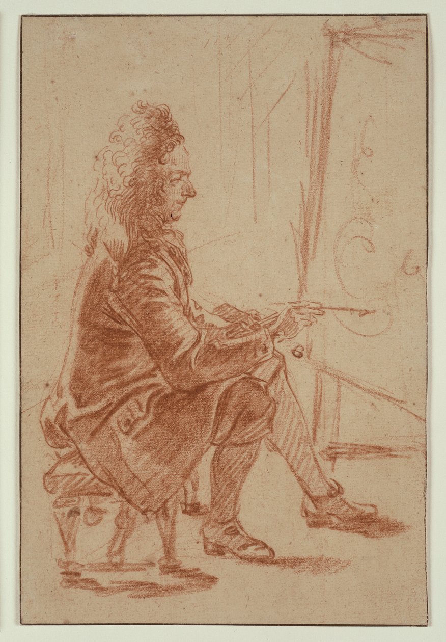 Egy parókás festő (valószínűleg Claude Audran), aki a festőállványánál ül, profilból nézve. alkotó: Jean Antoine Watteau