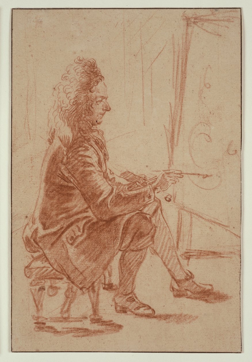 Egy parókás festő (valószínűleg Claude Audran), 1709 körül (vörös kréta, bordó papírra, krémszínű kartonra fektetve) alkotó: Jean Antoine Watteau