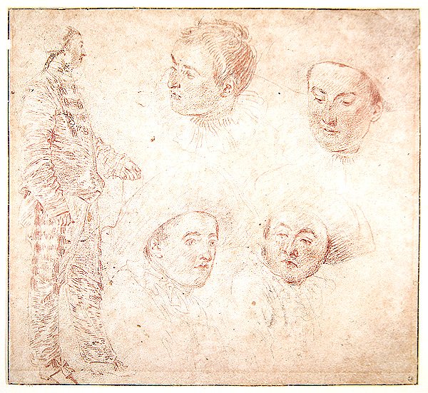 Egy karakter és négy fej (piros kréta papíron) alkotó: Jean Antoine Watteau
