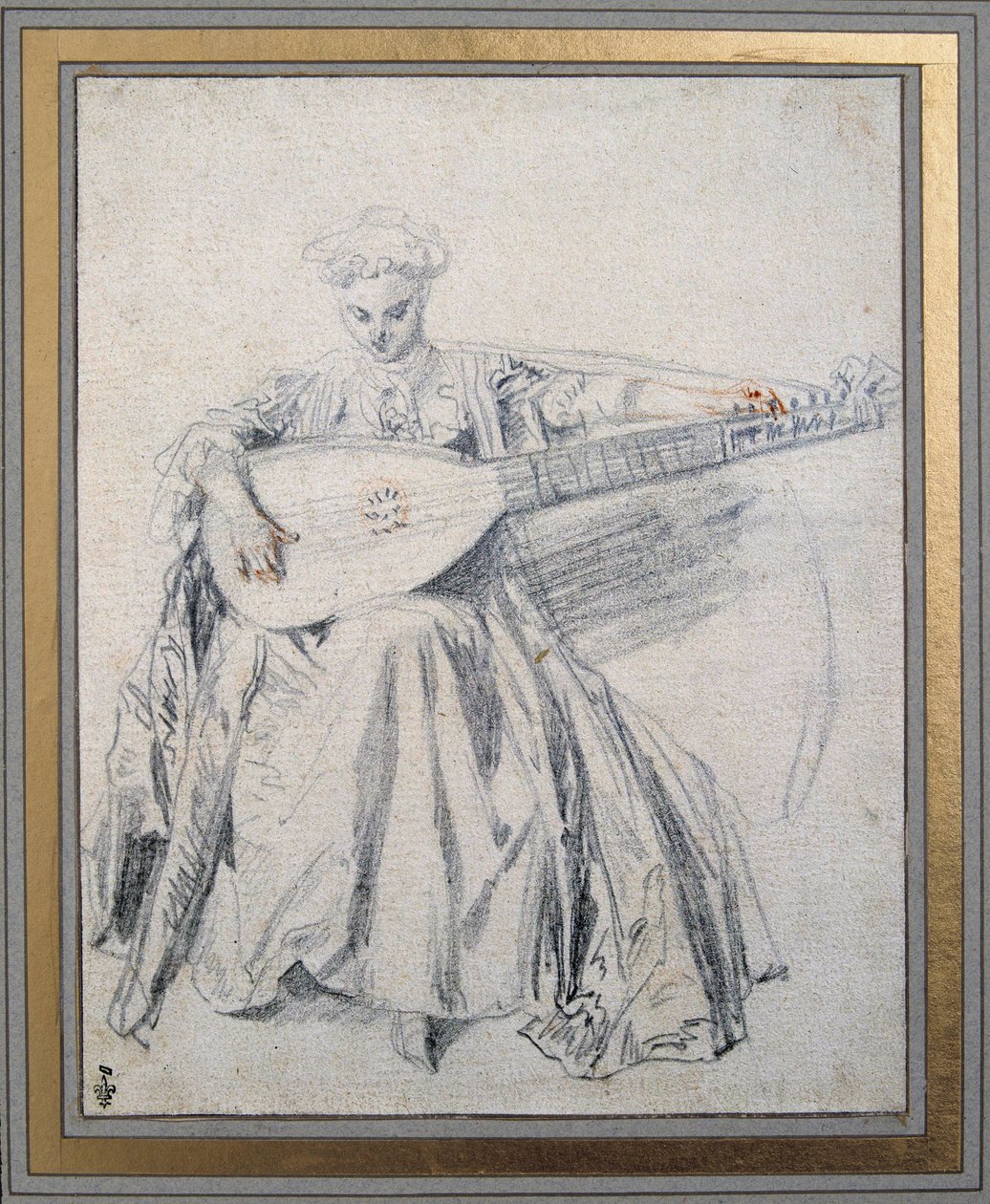 Egy lantos Ólombányát és vért rajzol Jean Antoine Watteau (1684-1721) 18. századi Chantilly múzeum Conde alkotó: Jean Antoine Watteau