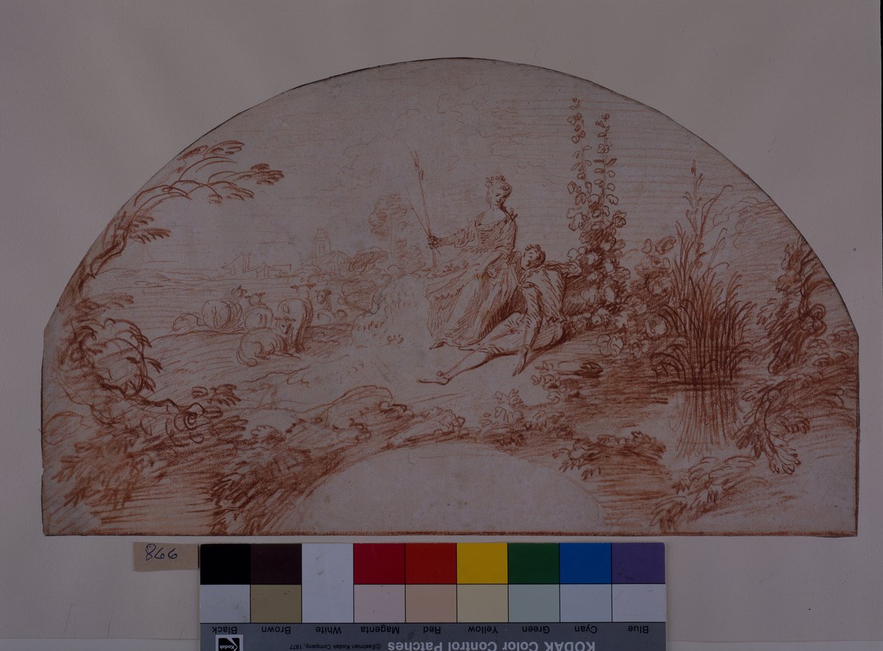 Egy pásztorlány ül a hattyújával (piros kréta fehér papíron) alkotó: Jean Antoine Watteau