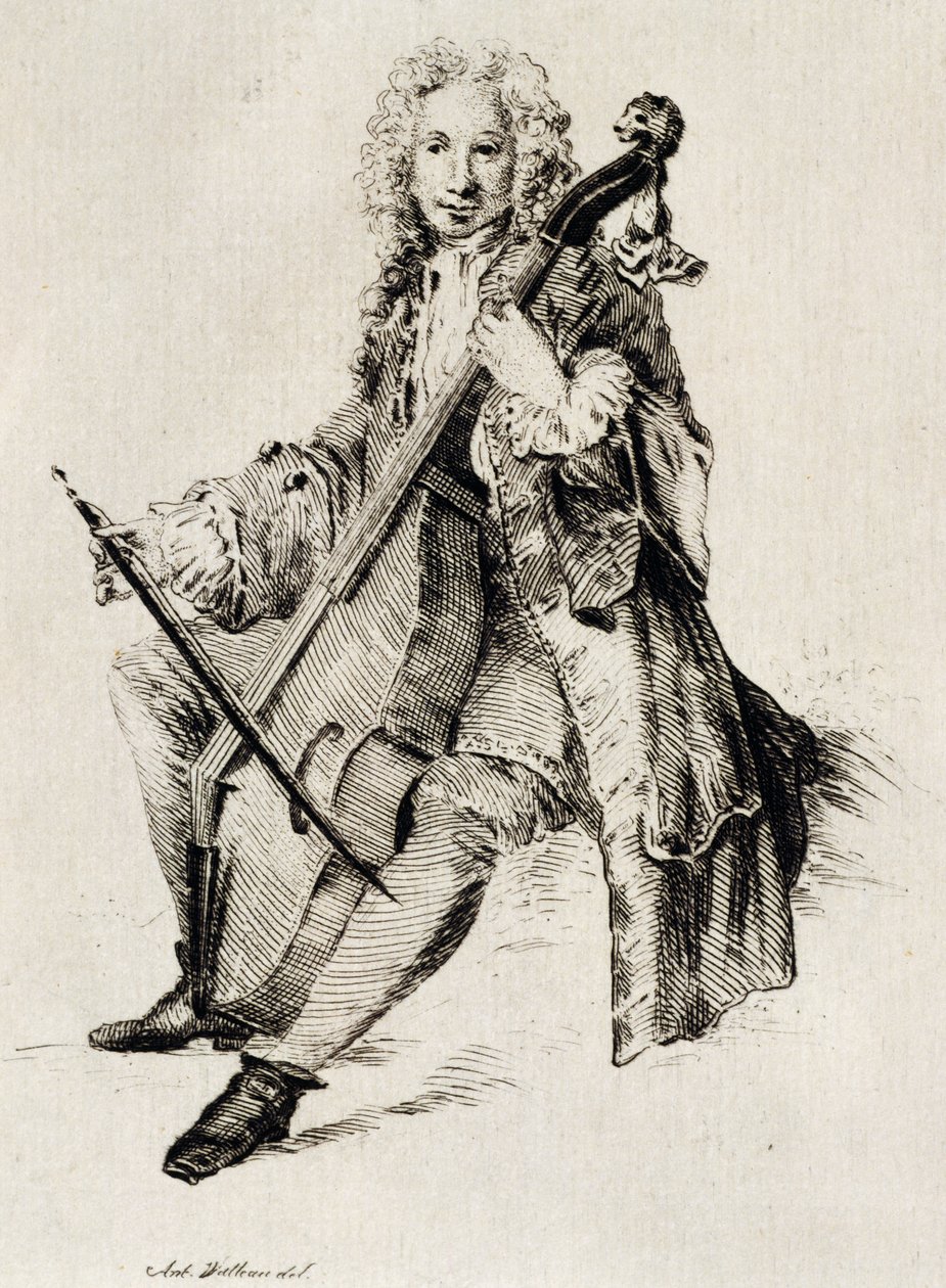 Csellóművész, Jean Antoine Watteau (1684-1721), metszet, Franciaország alkotó: Jean Antoine Watteau
