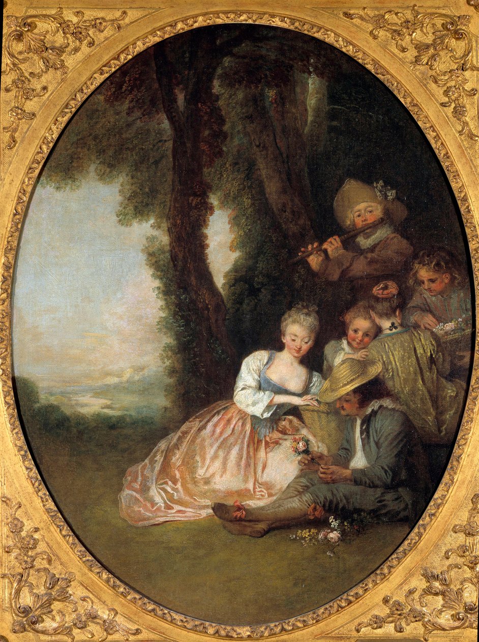 Champetre koncert vagy „” Az elvárt nyilatkozat””. Fiatal pár szerelmes elpirul. Jean Antoine Watteau (1684-1721) rokokó stílusú festménye alkotó: Jean Antoine Watteau