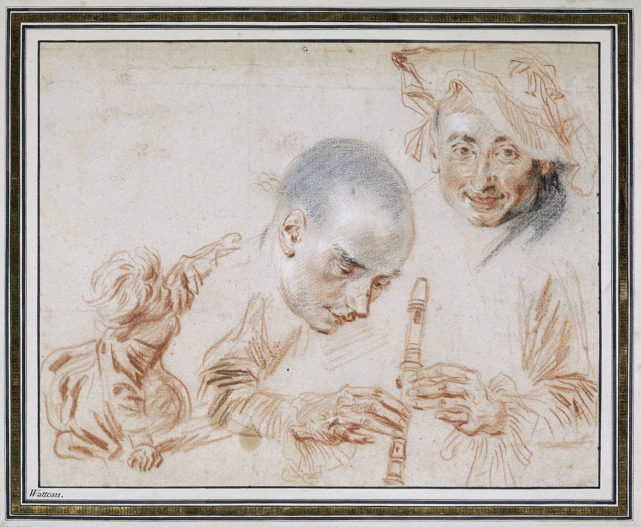Guggoló gyermek, két férfi fej, az egyik svájcisapkát visel, egy felvevő-lejátszó karjai és kezei alkotó: Jean Antoine Watteau
