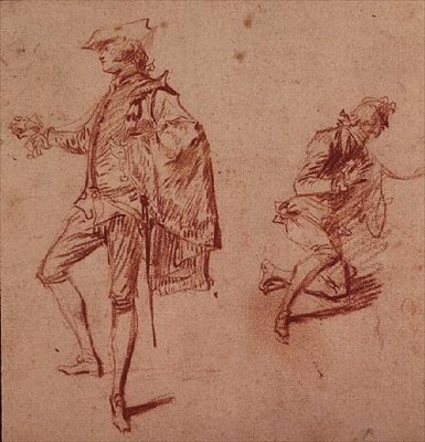 Rajz egy álló fiatalemberről és egy másik térdelőről (krétapapír) alkotó: Jean Antoine Watteau