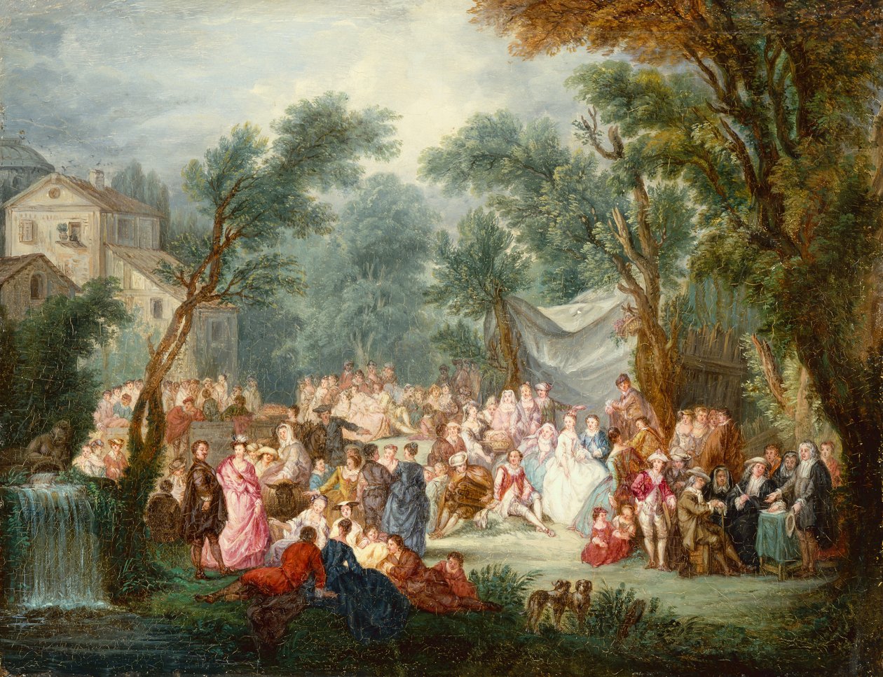 Elegáns társaság, a házon kívül a menyasszonyi pár érkezésével (olaj) alkotó: Jean Antoine Watteau