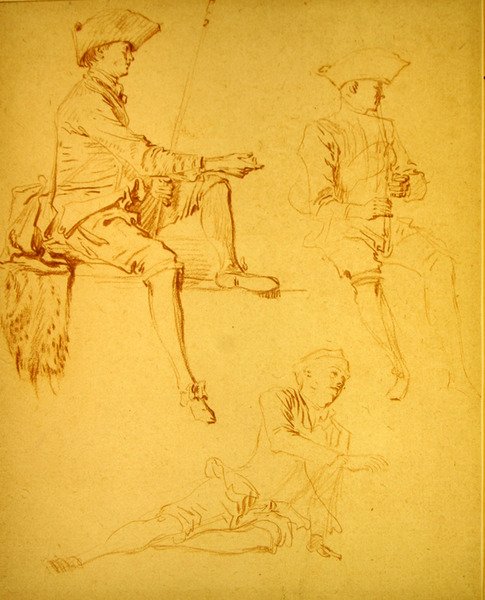 Ábratanulmányok (piros kréta papíron) alkotó: Jean Antoine Watteau