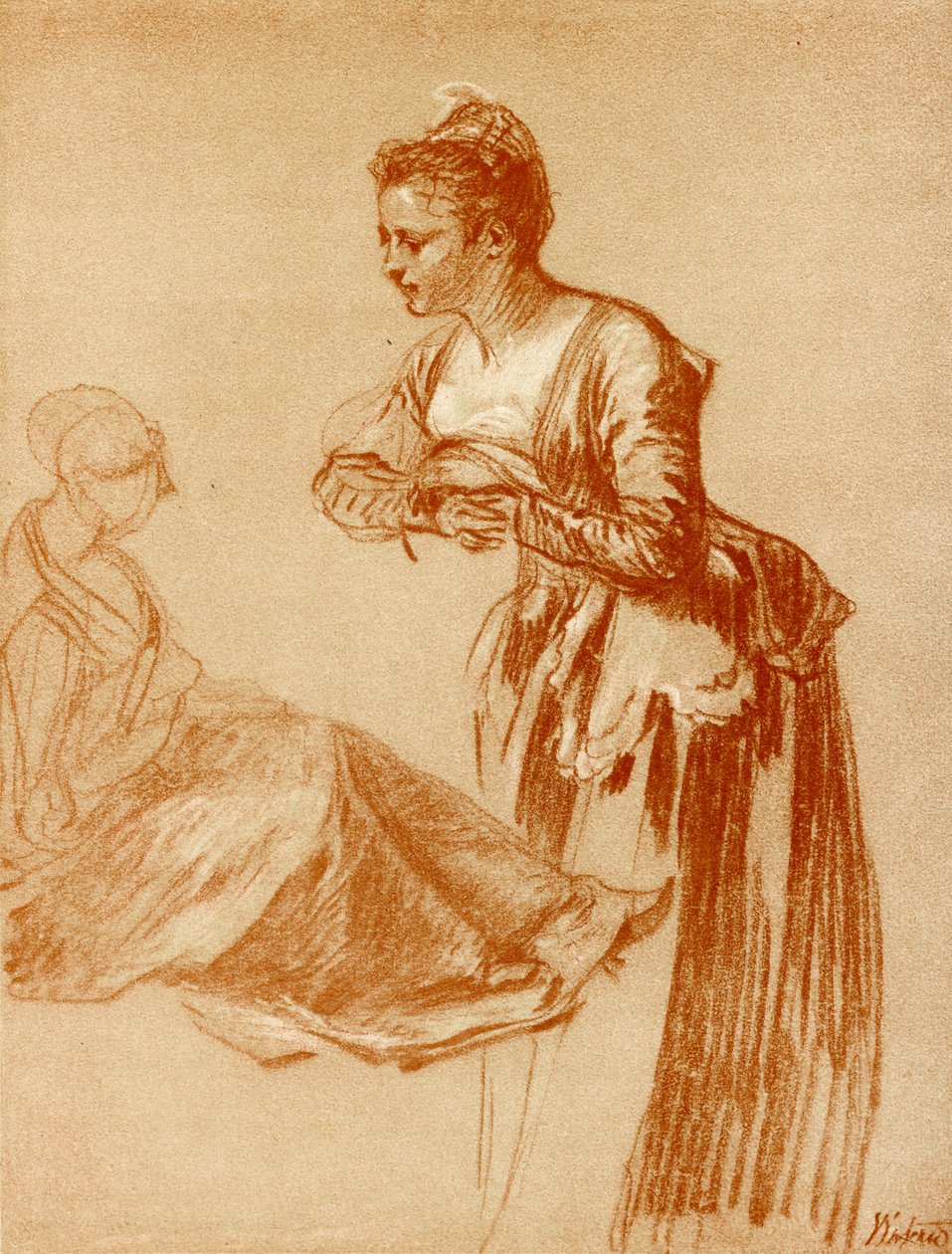 Alaktanulmányok egy álló és egy ülő lány számára alkotó: Jean Antoine Watteau