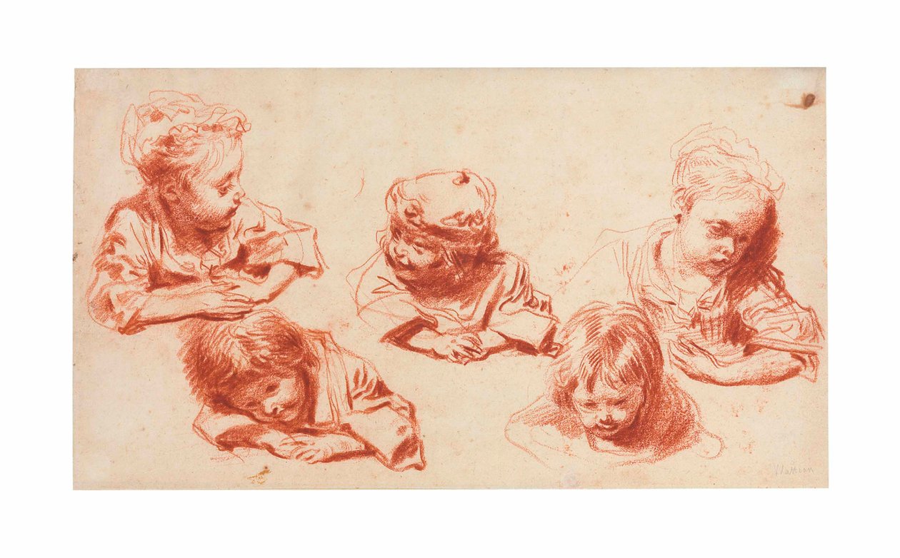 Öt tanulmány gyerekekről (piros kréta papíron) alkotó: Jean Antoine Watteau