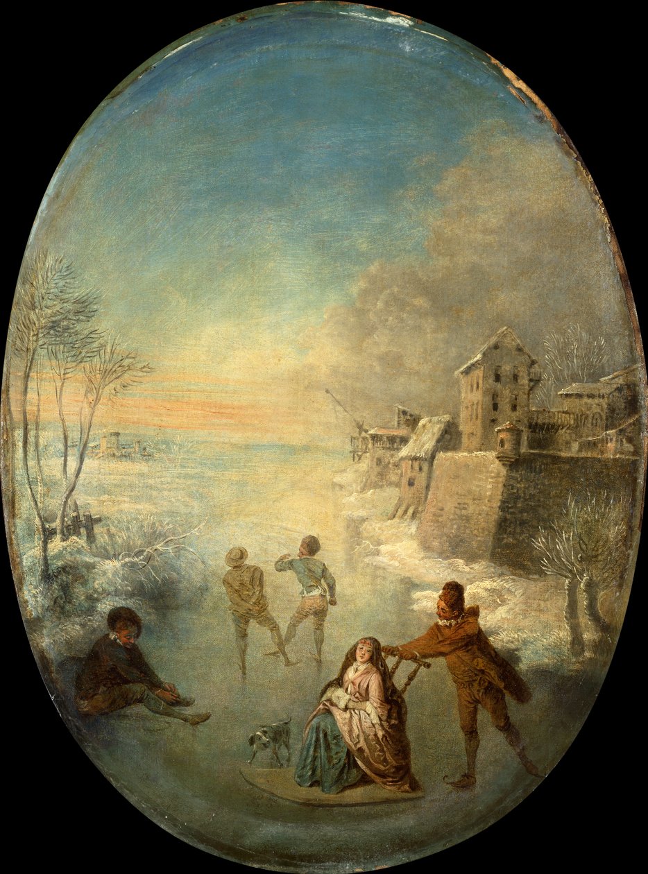 Gentlefolk a jégen egy fallal körülvett város mellett télen (olaj) alkotó: Jean Antoine Watteau