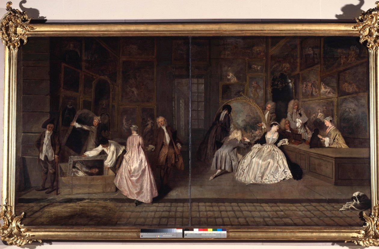 Gersaint jele. Edme Francois Gersaint (1694-1750) művészeti kereskedő volt. Jean Antoine Watteau (1684-1721) festménye. 1720. Németország, Berlin, Charlottenburg kastély alkotó: Jean Antoine Watteau