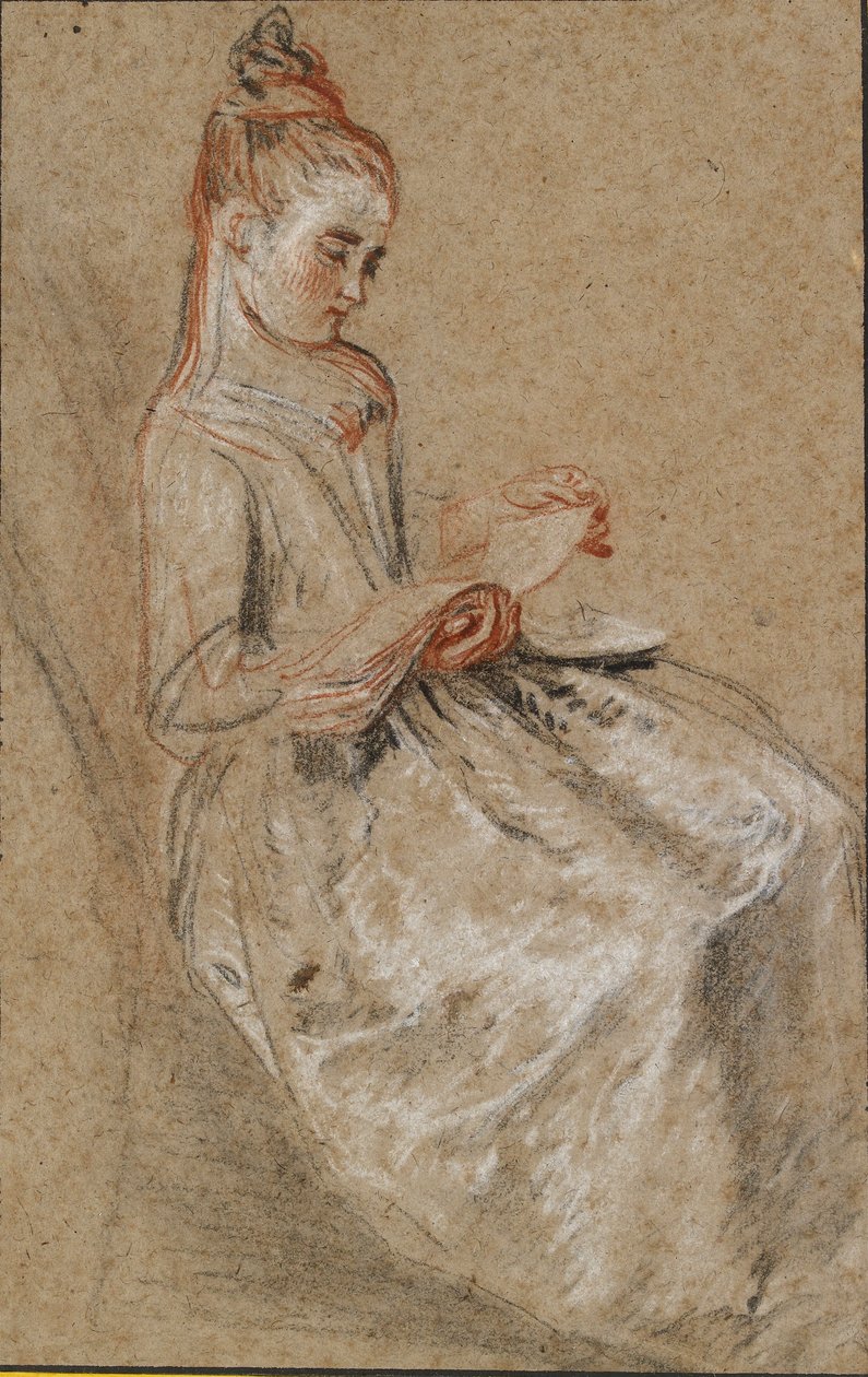 Lány ül egy zenés könyvvel az ölében, 18. század elején alkotó: Jean Antoine Watteau
