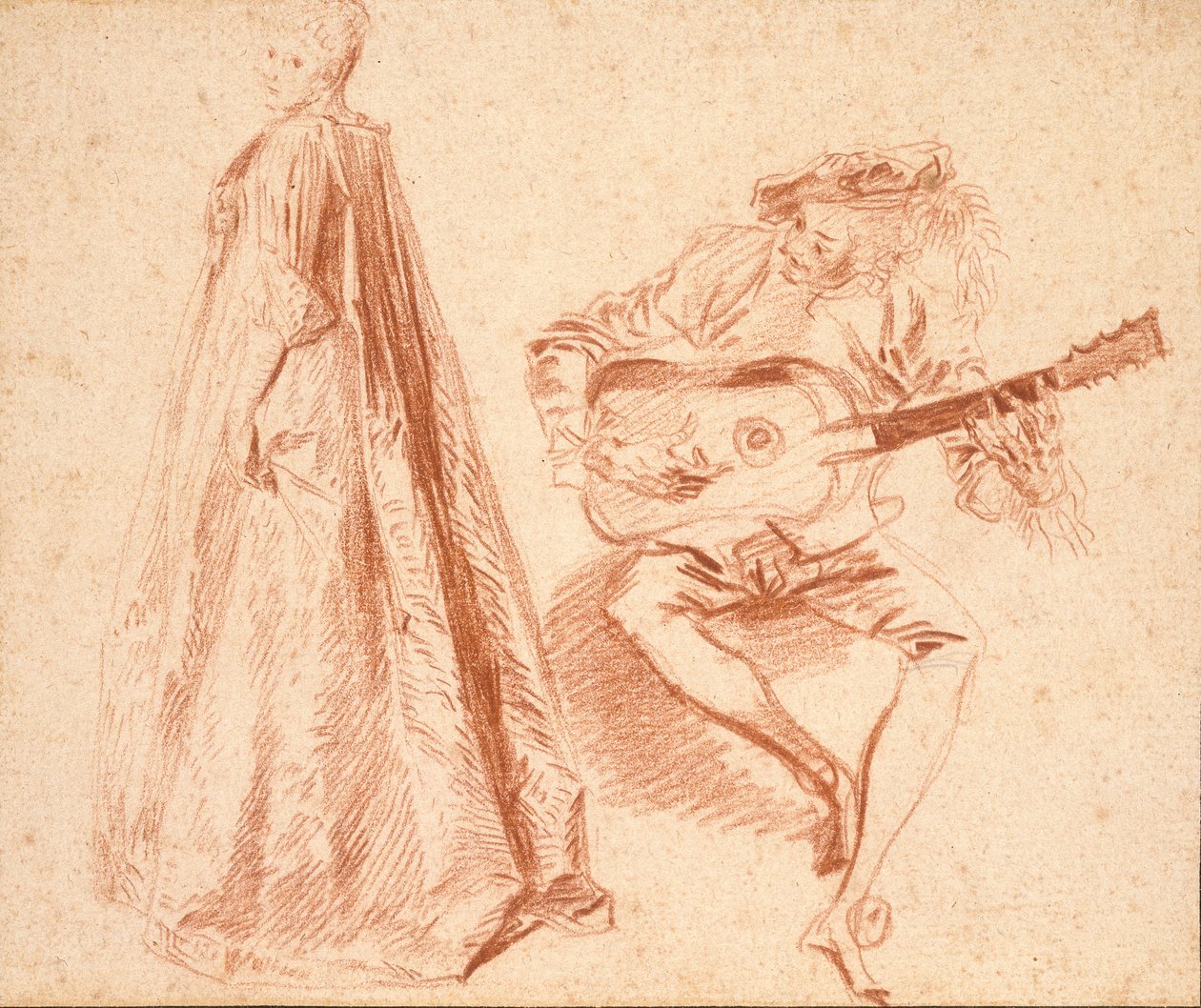 Lány áll a profilban balra, egy férfival, gitáron játszik, 18. század eleje alkotó: Jean Antoine Watteau