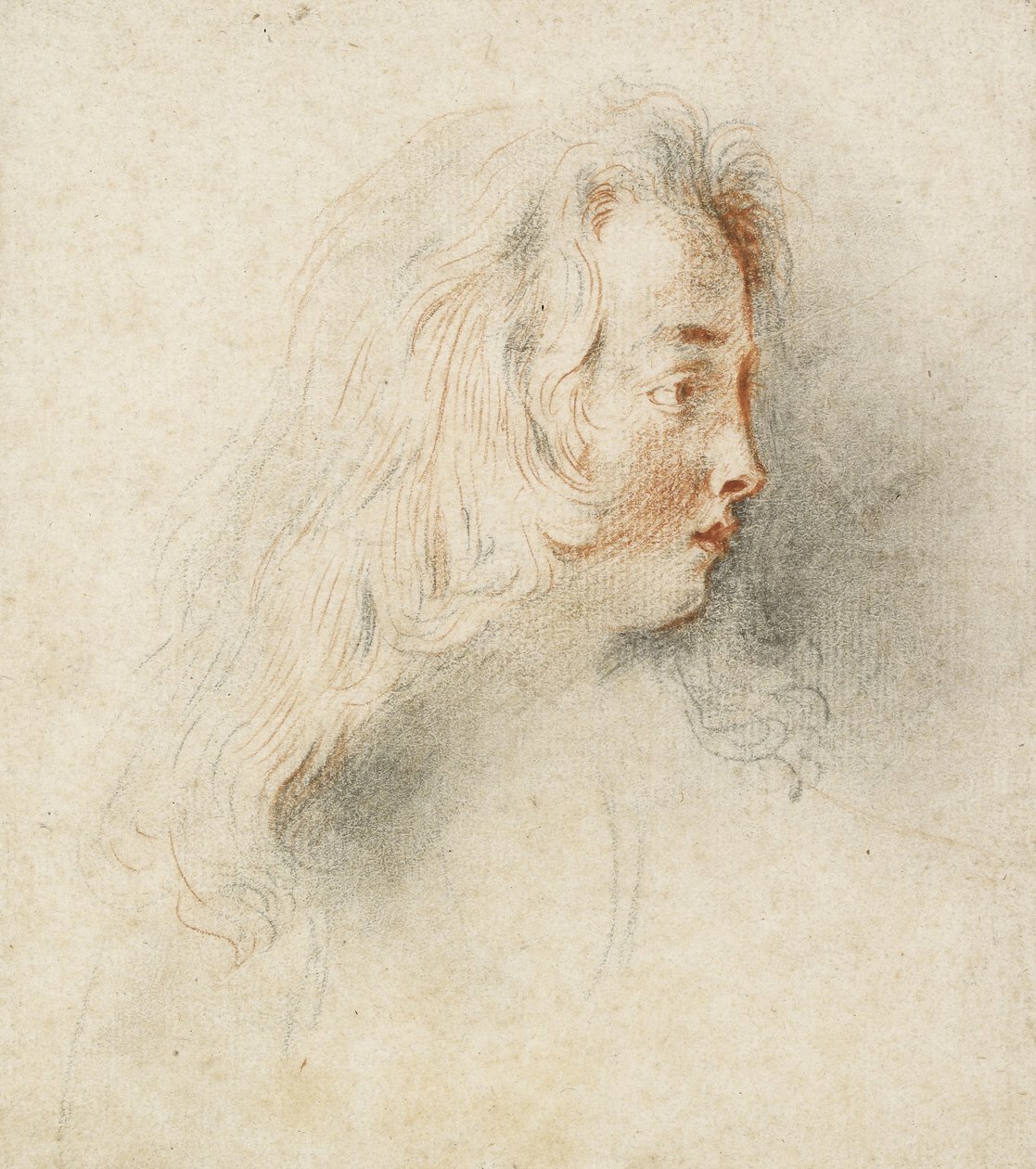 Egy fiú feje profilban (fekete-piros kréta foltos törtfehér papíron) alkotó: Jean Antoine Watteau
