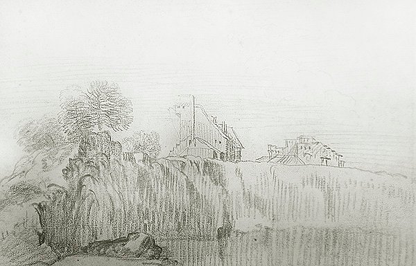 Ház egy meredek szikla szélén (piros kréta papíron) alkotó: Jean Antoine Watteau