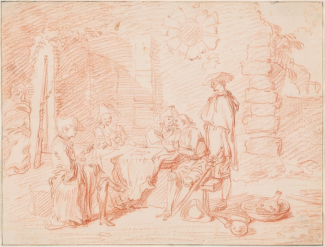 Katonák kártyáznak a fal előtt. 1709/10 alkotó: Jean Antoine Watteau