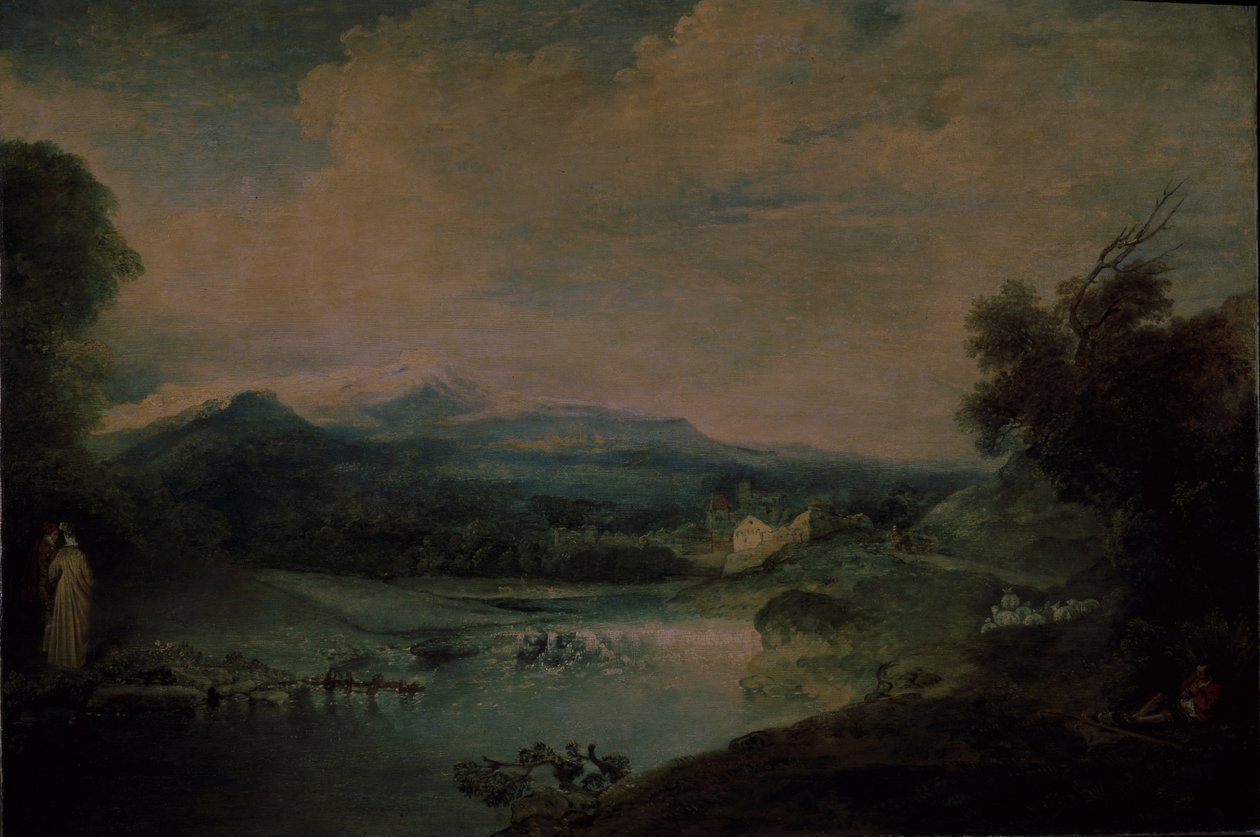 Táj vízeséssel, 1714 körül alkotó: Jean Antoine Watteau
