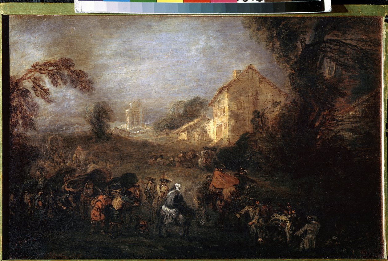 A háború terhe. Jean Antoine Watteau (1684-1721) festménye. Olaj, réz, 21,5 x 33,5 cm, 1713 körül. Francia művészet, rokokó művészet. Ermitázs Múzeum, Szentpétervár. alkotó: Jean Antoine Watteau