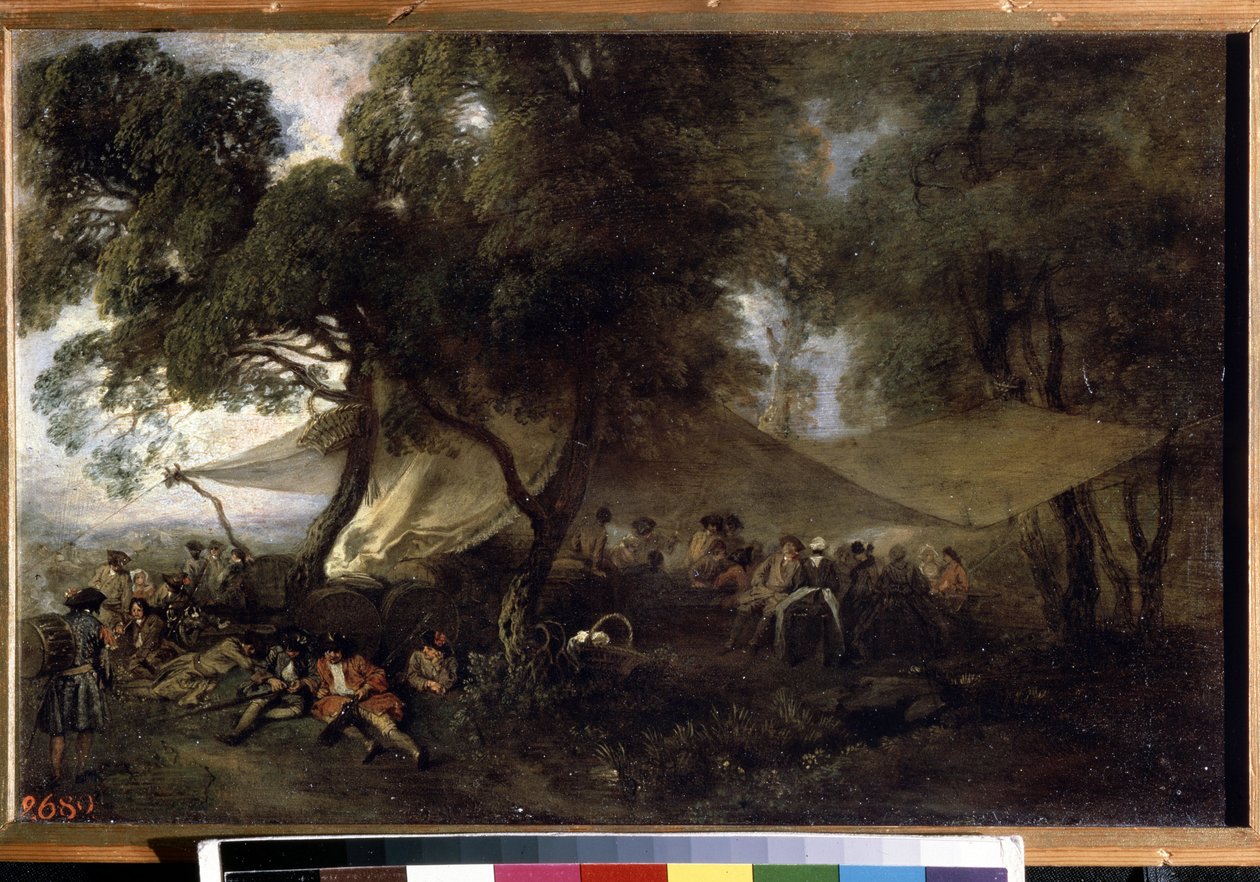 "A felüdülés a háború után". (Respite From War). Jean Antoine Watteau (1684-1721) festménye, 1716 körül. Olaj, réz. Ermitázs Múzeum, Szentpétervár. alkotó: Jean Antoine Watteau