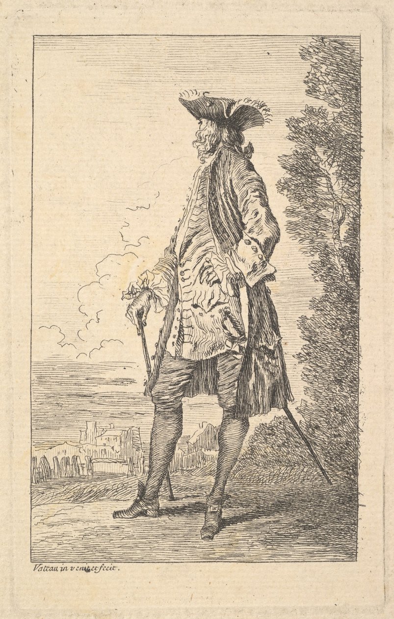 Férfi sétál és jobb kezében botot tart, háromnegyedes nézetben h..., kb. 1710. alkotó: Jean Antoine Watteau