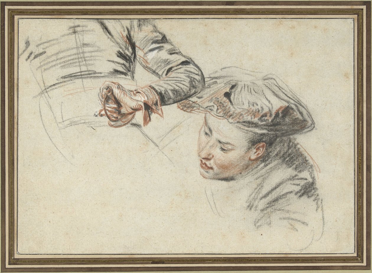Férfi feje svájcisapkával és markolaton alkotó: Jean Antoine Watteau