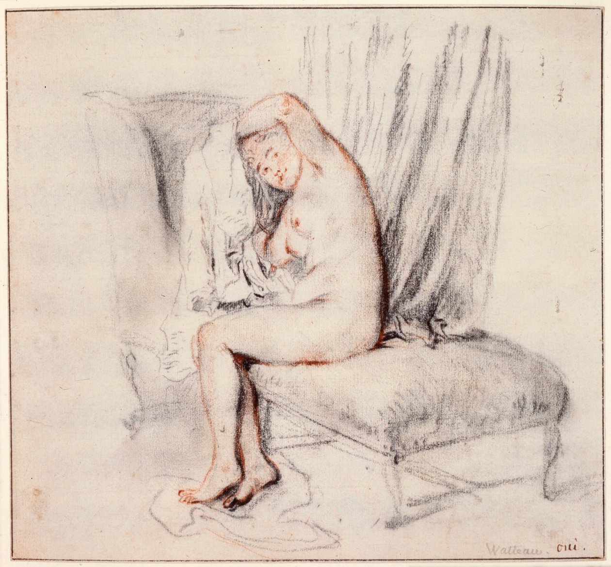 Meztelen nő ül egy heverőn, felveszi az ingét, 18. század. alkotó: Jean Antoine Watteau