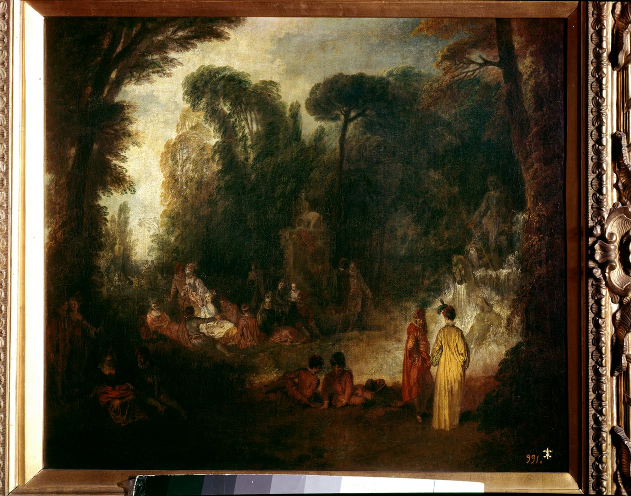 Buli a parkban Piknik, beszélgetés és séta az erdőben. Jean Antoine Watteau (1684-1721) festménye, 1712-1713 körül. Olajfestmény. Mérete: 48x55 cm. Madrid, Prado Múzeum alkotó: Jean Antoine Watteau